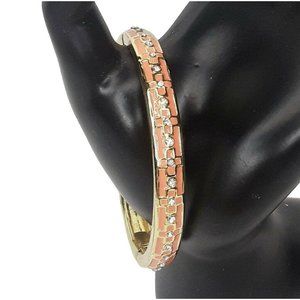 Enameled Spring Bangle Bracelet Pink And Gold Tone With Rhinestones